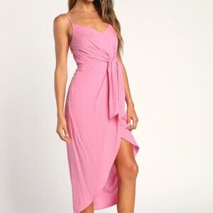 Lulu's Women Pink Swiss‎ Dot Tie-Front Tulip Midi Dress Chic Party Pink
